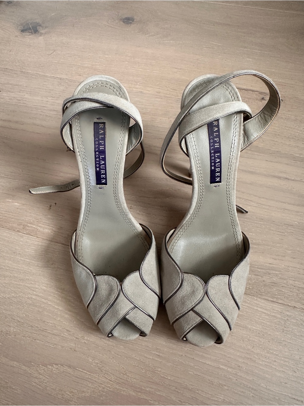 Purple Label Ralph Lauren Collection Beige/Gray Suede Open-Toe Ankle Strap Heels